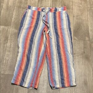 Womens Per Se Linen Blend Drawstring Stripe Comfy Crop Pants‎